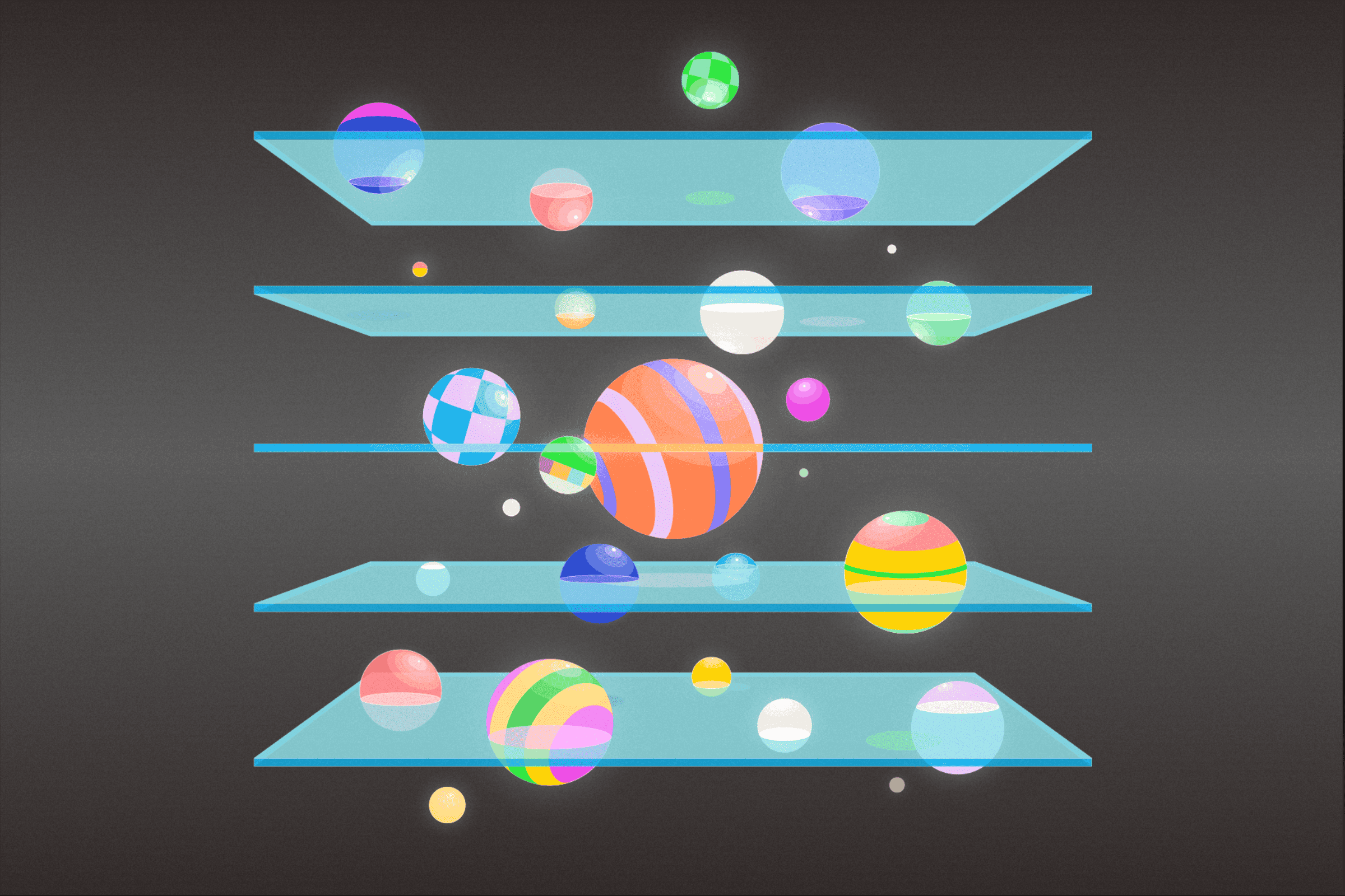 A group of different sized colorful balls floating through 5 shelves.